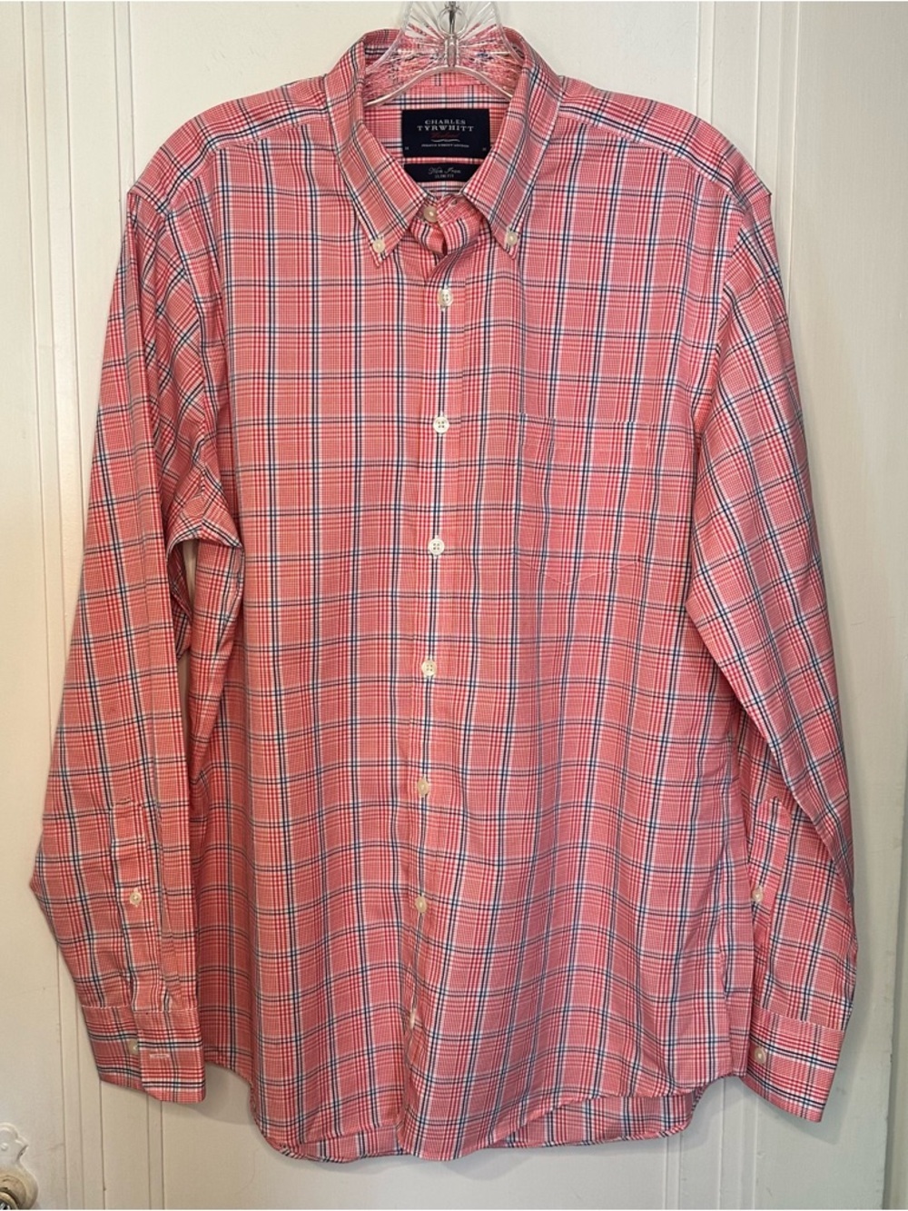 Charles Tyrwhitt Men's red and blue plaid slim fit Button Down Shirt Medium